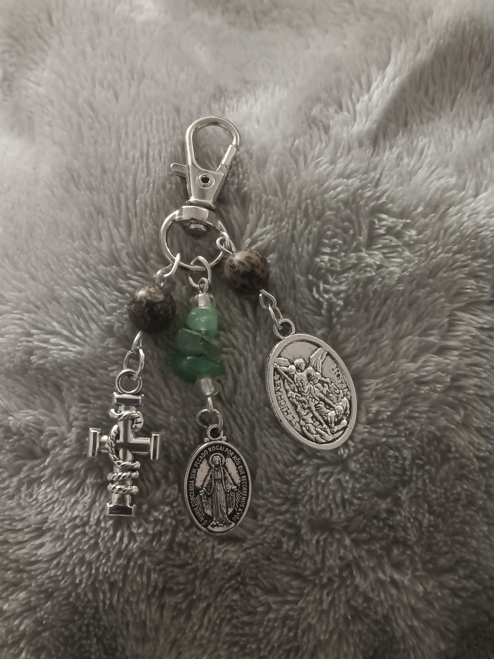 Religious Charm Keychain in Silver & Green